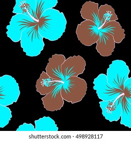 Seamless pattern with tropical blue and brown flowers in watercolor style. Vector hibiscus on a black background.