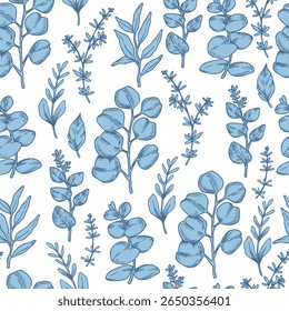 Padrão contínuo de folhas de eucalipto da floresta tropical azul. Ilustração vetorial em estilo de esboço.