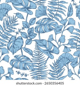 Padrão contínuo de folhas de floresta tropical azul. Ilustração vetorial em estilo de esboço. monstera, samambaia, eucalipto