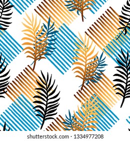Seamless pattern with tropical blue and golden leaves, stripes. Vector illustration.