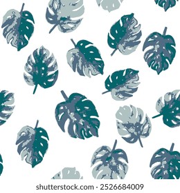 seamless pattern with tropical blue leaves. Beautiful allover print with hand drawn exotic plants used for textile and wallpaper, card