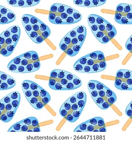 Seamless pattern of tropical blueberry ice pop on wooden stick on white background in cartoon style. Perfect for delivery cafe packaging and kitchen wallpaper.