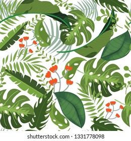Seamless pattern of tropical botanical floral flower,leaves.Greenery nature ornament concept.Floral poster, invite decorative greeting invitation design on white background