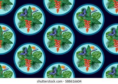 Seamless Pattern of tropical bouquet with flowers, leaves and butterfly isolated on dark blue background. Tropic polka dot floral wallpaper.