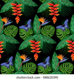 Seamless Pattern of tropical bouquet with flowers, leaves and butterfly isolated on black background. Tropic nigth floral wallpaper.