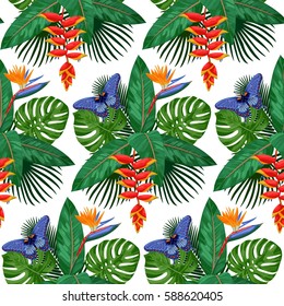 Seamless Pattern of tropical bouquet with flowers, leaves and butterfly isolated on white background. Tropic floral wallpaper.