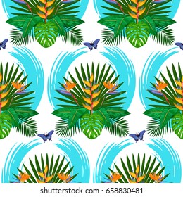 Seamless pattern of tropical bouquet with flowers, leaves and butterfly. Exotic floral wallpaper with abstract blue brash circle on white background.