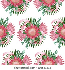 Seamless pattern with tropical bride bouquet with flowers, leaves and ribbons. Tropic floral wallpaper isolated on white. Background for postcards, wedding invitations, templates, greeting cards.