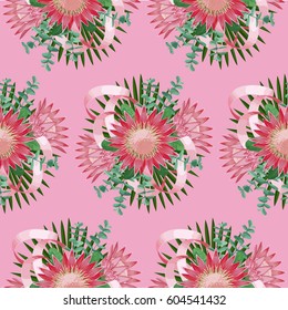 Seamless pattern with tropical bride bouquet with flowers, leaves and ribbons. Tropic floral wallpaper isolated on pink. Background for postcards, wedding invitations, templates, greeting cards.
