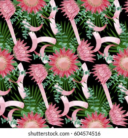 Seamless pattern with tropical bride bouquet with flowers, leaves and ribbons. Tropic floral wallpaper isolated on black. Background for postcards, wedding invitations, templates, greeting cards.