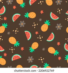 seamless pattern with tropical bright fruits, pineapples and watermelon with red flowers on a dark brown background