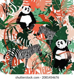 Seamless pattern with tropical bright leaves and animals. Monstera, palm tree, panda, zebra, parrot.