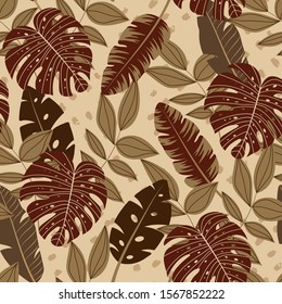 Seamless pattern with tropical brown leaves and plants. Vector background for various surface. Floral seamless vector tropical pattern background with exotic leaves, jungle leaf.