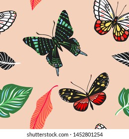 Seamless pattern. Tropical butterflies. Bright summer ornament. For greeting cards, invitations, print on fabric and more.