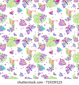 Seamless pattern with tropical butterflies and flowers:blue,green,pink and red color. Background for bedding textiles,fabric,wallpaper,wrapping,padding,cover design,stickers. Vector illustration
