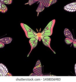 Seamless pattern. Tropical butterflies and moths. Collection of insects. Black background. Great for greeting cards, invitations, print on fabric and more.