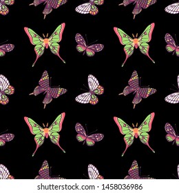 Seamless pattern. Tropical butterflies and moths. Collection of insects. Isolated on black background. Great for greeting cards, invitations, print on fabric and more.