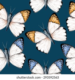 Seamless pattern with tropical butterflies on a blue background. Watercolor hand drawing. Vector illustration