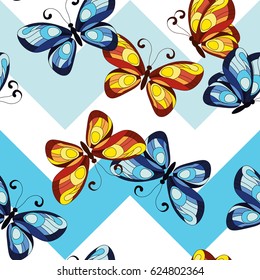 seamless pattern with tropical butterflies on the geometric background