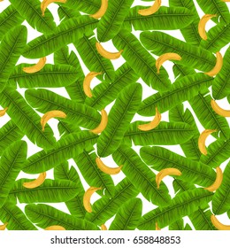 Seamless pattern of tropical chaotic banana and green leaves isolated on white. Tropical wallpaper, textile print, exotic background.