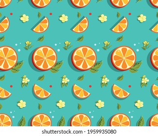 seamless pattern with tropical citrus fruit orange, flowers, bright, colorful background for summer design, stylized vector graphics