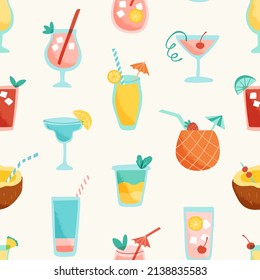 Seamless pattern with tropical cocktails. Vector illustration of summer vacation drinks in trendy retro style. Swatch is included.