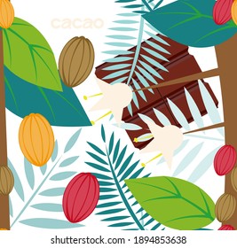 Seamless pattern of tropical cocoa bean tree and chocolate.