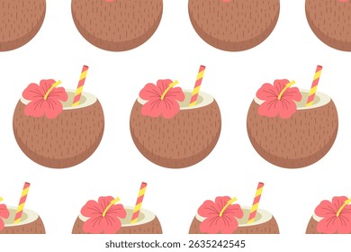 Seamless pattern with tropical coconut drinks and hibiscus flowers on transparent background. Fun and exotic summer design for printables and digital products.

