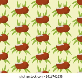 Seamless pattern with tropical coconut and palm leaves. Flat vector illustration. Print concept for wrapping paper and print on fabric.