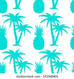 Seamless Pattern with Tropical Coconut Palm Trees and Pineapples in Blue and White. Endless Print Silhouette Texture. Forest. Tropic. Food. Fruits. Hand Drawing. Cartoon Style - vector 