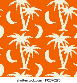 Seamless Pattern with Tropical Coconut Palm Trees and Bananas in Orange and White. Monochrome. Endless Print Silhouette Texture. Rain forest. Tropic. Food. Fruits. Beach Holidays - vector 
