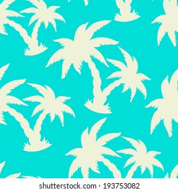 Seamless Pattern with Tropical Coconut Palm Trees Blue and White. Endless Print Silhouette Texture. Rain forest. Tropic. Hand Drawing. Cartoon. Retro. Vintage style - vector 