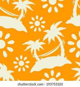 Seamless Pattern with Tropical Coconut Palm Trees Orange and White. Sun. Hammock. Island. Summer. Endless Print Silhouette Texture. Rain forest. Tropic. Retro. Vintage style - vector 