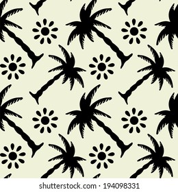 Seamless Pattern with Tropical Coconut Palm Trees and Sun. Black and White. Monochrome. Summer. Endless Print Silhouette Texture. Rain forest. Tropic. Retro. Vintage style - vector 