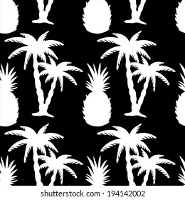 Seamless pattern with tropical coconut palm trees and pineapples in white and black. Monochrome background. Endless print silhouette texture. Summer. Rain forest. Tropic. Food. Fruits - vector 
