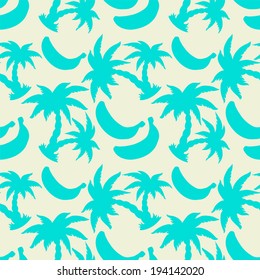 Seamless pattern with tropical coconut palm trees and bananas. Nature background. Endless print silhouette texture. Summer. Rain forest. Tropic. Food. Fruits. Hand drawing - vector 