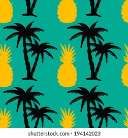 Seamless pattern with tropical coconut palm trees and pineapples. Nature background. Endless print silhouette texture. Summer. Rain forest. Tropic. Food. Fruits. Hand drawing - vector 