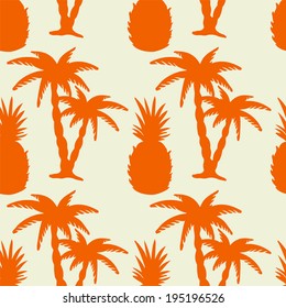 Seamless pattern with tropical coconut palm trees and pineapples. Beach background. Endless print silhouette texture. Summer. Rain forest. Tropic. Food. Fruits - vector 