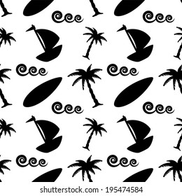 Seamless pattern with tropical coconut palm trees, waves, surf board, yacht in black and white. Monochrome. Beach abstract background. Endless print silhouette texture. Summer - vector 