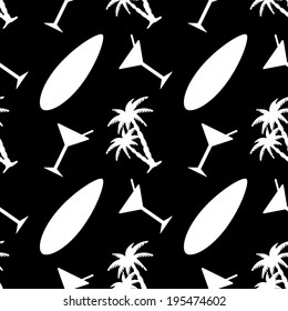 Seamless pattern with tropical coconut palm trees, surf board, cocktail martini glass in black and white. Beach abstract background. Endless print silhouette texture. Summer - vector 