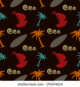 Seamless pattern with tropical coconut palm trees, waves, surf board, yacht. Beach abstract background. Endless print silhouette texture. Summer. Vintage. Retro style - vector 