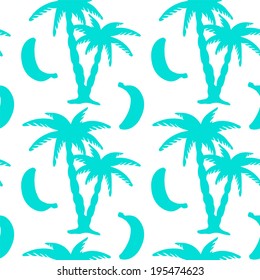 Seamless pattern with tropical coconut palm trees and bananas. Beach background. Endless print silhouette texture. Summer. Rain forest. Tropic. Food. Fruits - vector 