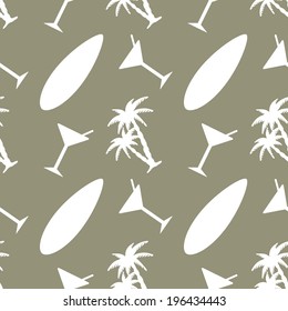 Seamless pattern with tropical coconut palm trees, surf board, cocktail martini glass. 