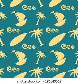 Seamless pattern with tropical coconut palm trees, waves, surf board, yacht.