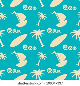 Seamless pattern with tropical coconut palm trees, waves, surf board, yacht. Beach abstract background. Endless print silhouette texture - vector 