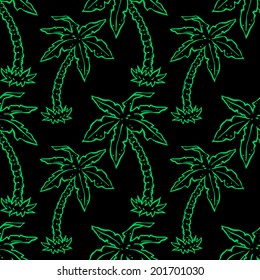 Seamless pattern with tropical coconut palm trees on a black background. Summer. Beach holidays. Endless print texture. Fabric design. Wallpaper - vector 