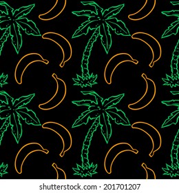 Patrón sin fisuras con palmeras tropicales de coco y plátanos sobre un fondo negro. Verano. Fruta. Fiesta en la playa. Textura de impresión sin fin. Diseño de la tela. FONDO DE PANTALLA - VECTOR 