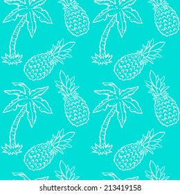 Seamless pattern with tropical coconut palm trees and pineapples. Abstract floral repeating background. Endless print texture. Fabric design. Wallpaper - vector 