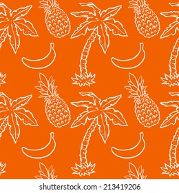 Seamless pattern with tropical coconut palm trees, pineapples, bananas. Abstract floral repeating background. Endless print texture. Fabric design. Wallpaper - vector 