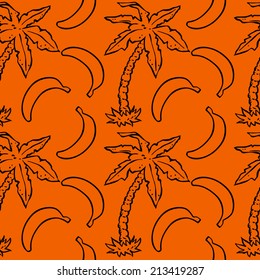 Seamless pattern with tropical coconut palm trees and bananas. Abstract floral repeating background. Endless print texture. Fabric design. Wallpaper - vector 